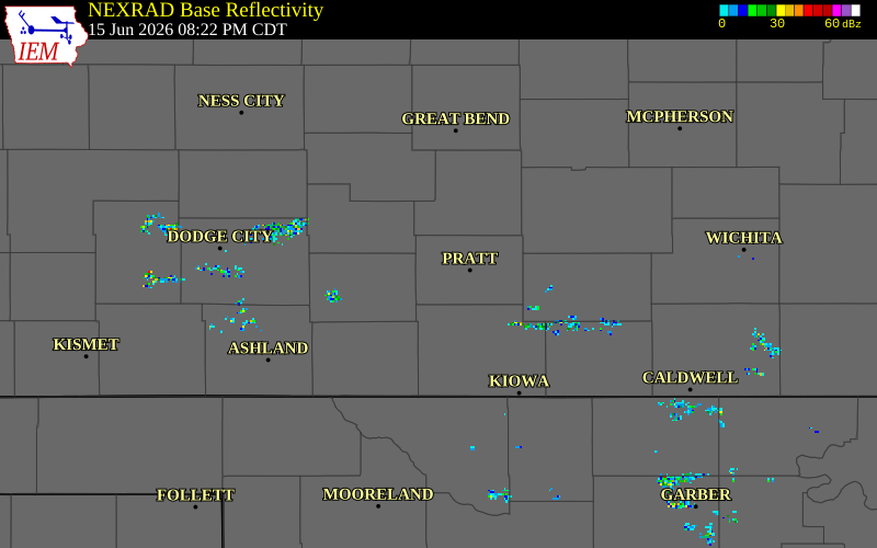 NEXRAD radar during the Monday, June 15, 2026 storm activity in Pratt County, Kansas