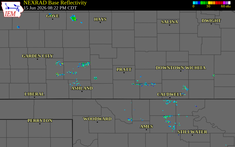 Radar snapshot during the Jun 15, 2026 wind event near Cullison, Pratt County, Kansas, with NWS warning polygons
