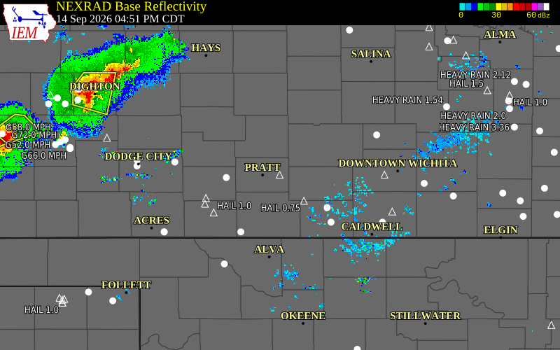 Current NEXRAD radar over Pratt County, Kansas with recent storm report locations