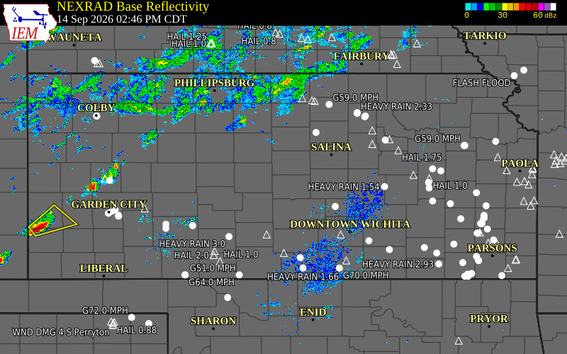 Current NEXRAD radar across Kansas with recent storm report locations