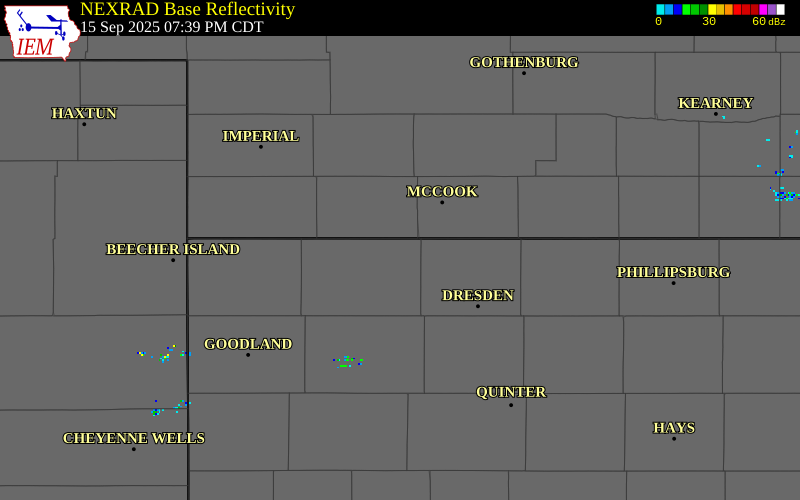 NEXRAD radar during the Monday, September 15, 2025 storm activity in Rawlins County, Kansas