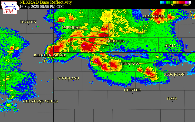 NEXRAD radar during the Tuesday, September 16, 2025 storm activity in Rawlins County, Kansas