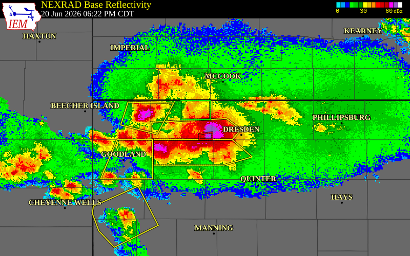 NEXRAD radar during the Saturday, June 20, 2026 storm activity in Rawlins County, Kansas