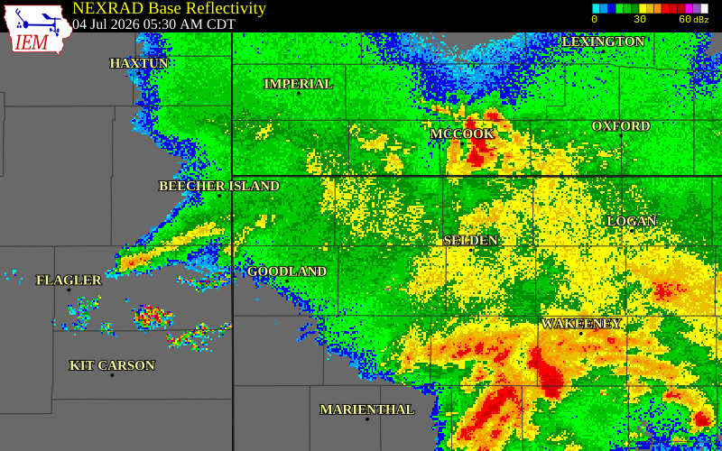 NEXRAD radar during the Saturday, July 4, 2026 storm activity in Rawlins County, Kansas