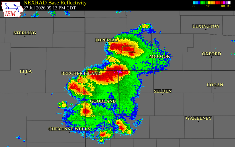 NEXRAD radar during the Monday, July 27, 2026 storm activity in Rawlins County, Kansas