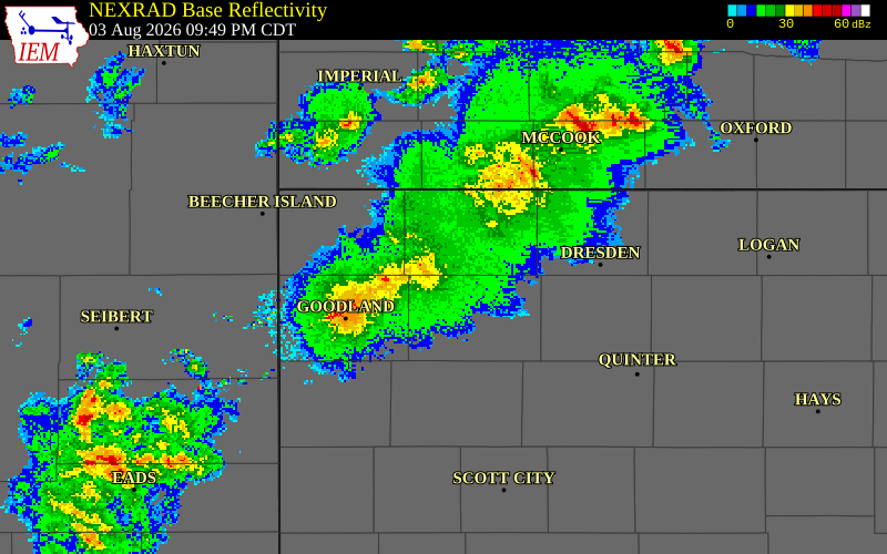 NEXRAD radar during the Monday, August 3, 2026 storm activity in Rawlins County, Kansas