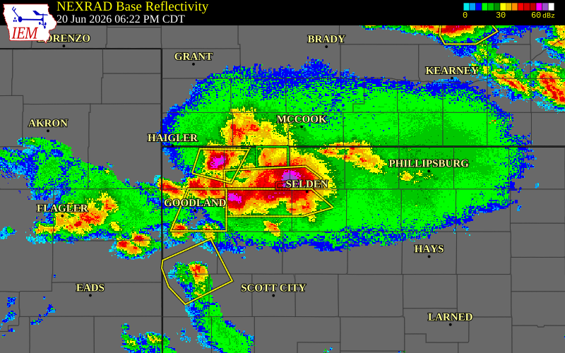 Radar snapshot during the Jun 20, 2026 tornado event near 13 SE Ludell, Rawlins County, Kansas, with NWS warning polygons