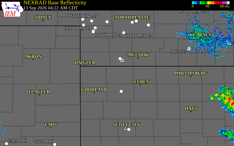 Current NEXRAD radar over Rawlins County, Kansas with recent storm report locations