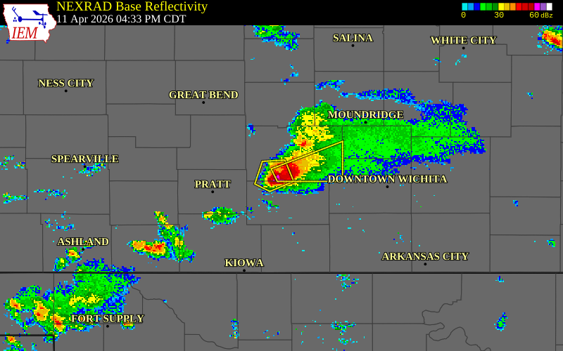 NEXRAD radar during the Saturday, April 11, 2026 storm activity in Reno County, Kansas