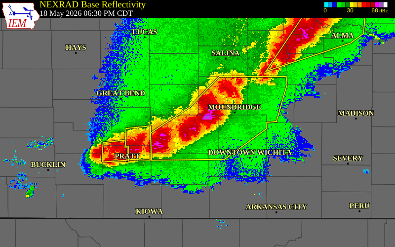 NEXRAD radar during the Monday, May 18, 2026 storm activity in Reno County, Kansas