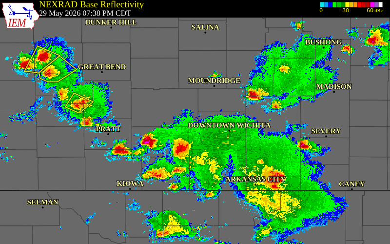 NEXRAD radar during the Friday, May 29, 2026 storm activity in Reno County, Kansas