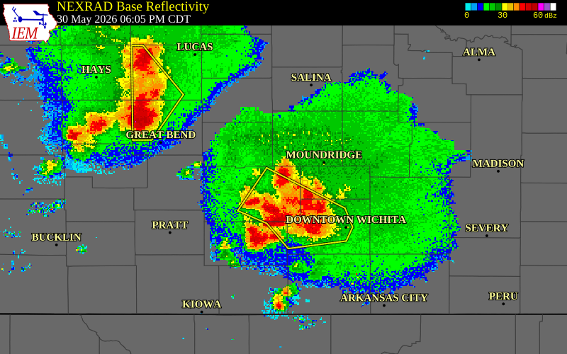 NEXRAD radar during the Saturday, May 30, 2026 storm activity in Reno County, Kansas