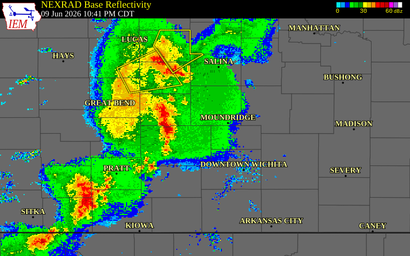 NEXRAD radar during the Tuesday, June 9, 2026 storm activity in Reno County, Kansas