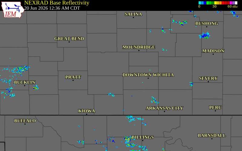 NEXRAD radar during the Saturday, June 20, 2026 storm activity in Reno County, Kansas