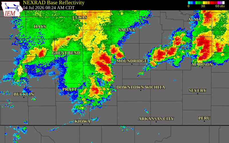 NEXRAD radar during the Saturday, July 4, 2026 storm activity in Reno County, Kansas