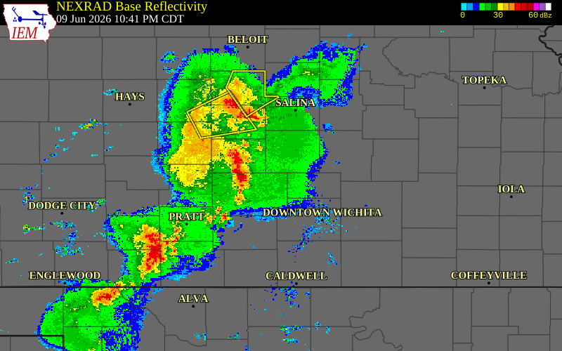 Radar snapshot during the Jun 9, 2026 hail event near 1 N Buhler, Reno County, Kansas, with NWS warning polygons