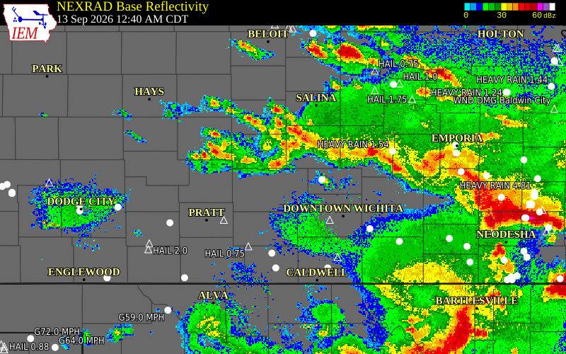 Current NEXRAD radar over Reno County, Kansas with recent storm report locations