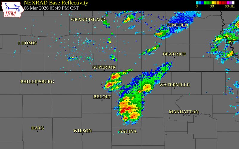 NEXRAD radar during the Friday, March 6, 2026 storm activity in Republic County, Kansas
