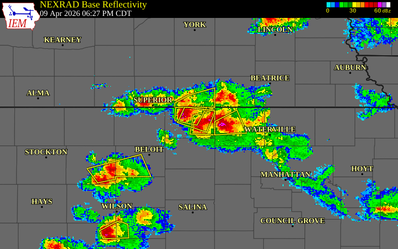 NEXRAD radar during the Thursday, April 9, 2026 storm activity in Republic County, Kansas