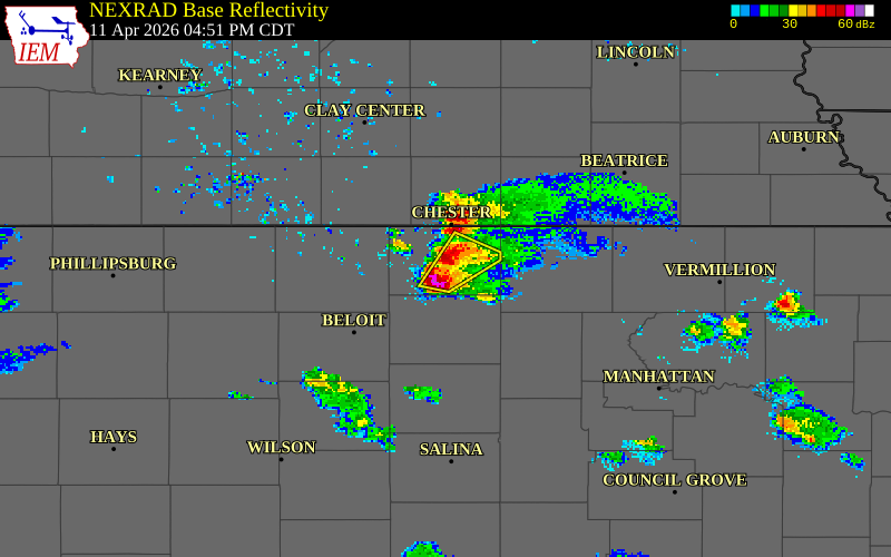 NEXRAD radar during the Saturday, April 11, 2026 storm activity in Republic County, Kansas