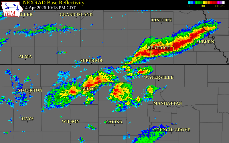 NEXRAD radar during the Tuesday, April 14, 2026 storm activity in Republic County, Kansas