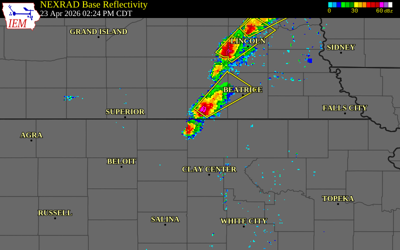 NEXRAD radar during the Thursday, April 23, 2026 storm activity in Republic County, Kansas