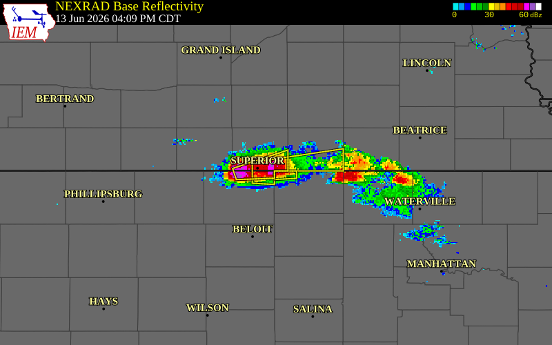 NEXRAD radar during the Saturday, June 13, 2026 storm activity in Republic County, Kansas
