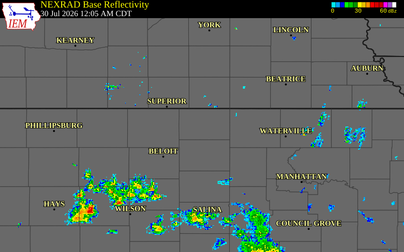 NEXRAD radar during the Thursday, July 30, 2026 storm activity in Republic County, Kansas