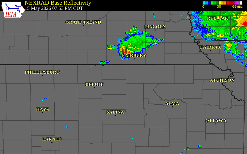 Radar snapshot during the May 15, 2026 hail event near 1 N Agenda, Republic County, Kansas, with NWS warning polygons