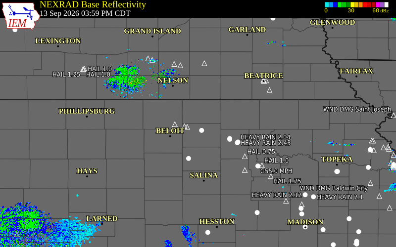 Current NEXRAD radar over Republic County, Kansas with recent storm report locations