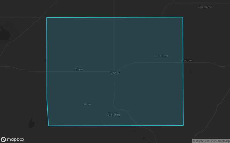 Map of Rice County, Kansas showing the county boundary and surrounding cities