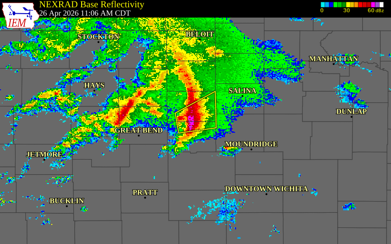 NEXRAD radar during the Sunday, April 26, 2026 storm activity in Rice County, Kansas
