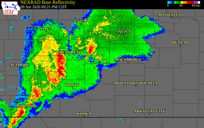 NEXRAD radar during the Tuesday, June 9, 2026 storm activity in Rice County, Kansas