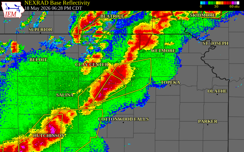 NEXRAD radar during the Monday, May 18, 2026 storm activity in Riley County, Kansas