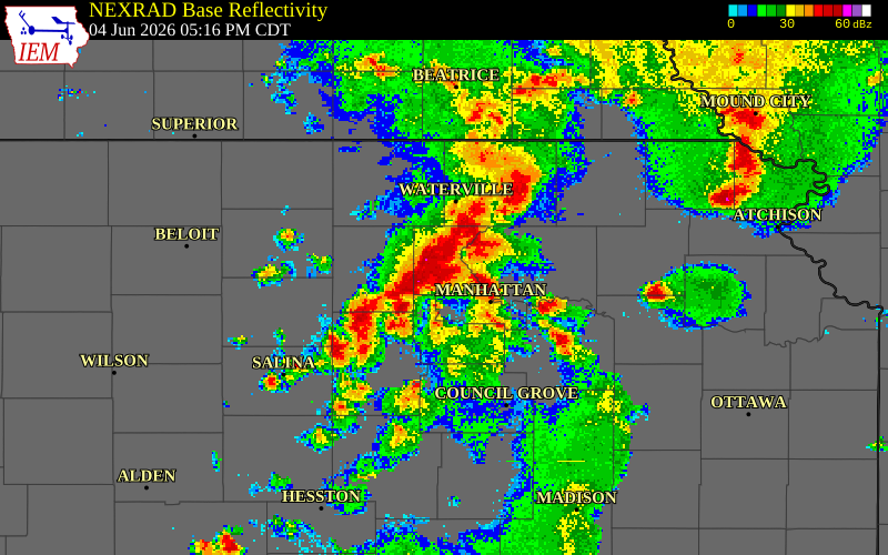 NEXRAD radar during the Thursday, June 4, 2026 storm activity in Riley County, Kansas