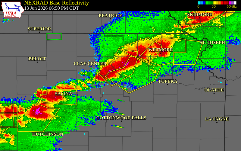 NEXRAD radar during the Saturday, June 13, 2026 storm activity in Riley County, Kansas