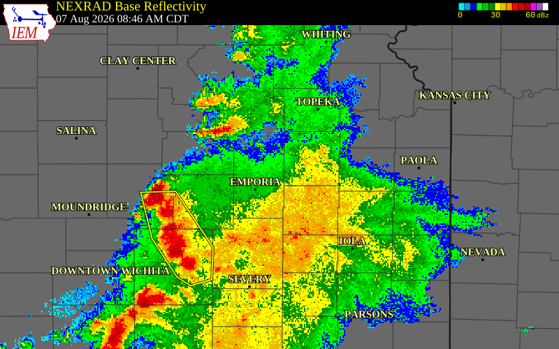 NEXRAD radar during the Friday, August 7, 2026 storm activity in Riley County, Kansas