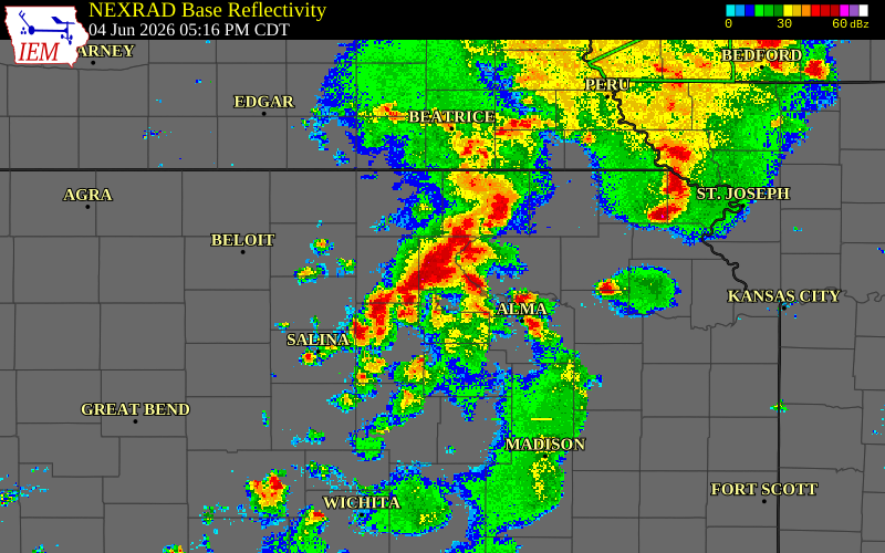 Radar snapshot during the Jun 4, 2026 tornado event near 1 NE Riley, Riley County, Kansas, with NWS warning polygons