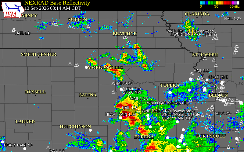 Current NEXRAD radar over Riley County, Kansas with recent storm report locations