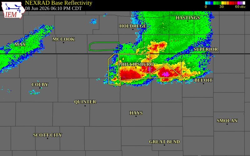 NEXRAD radar during the Monday, June 8, 2026 storm activity in Rooks County, Kansas
