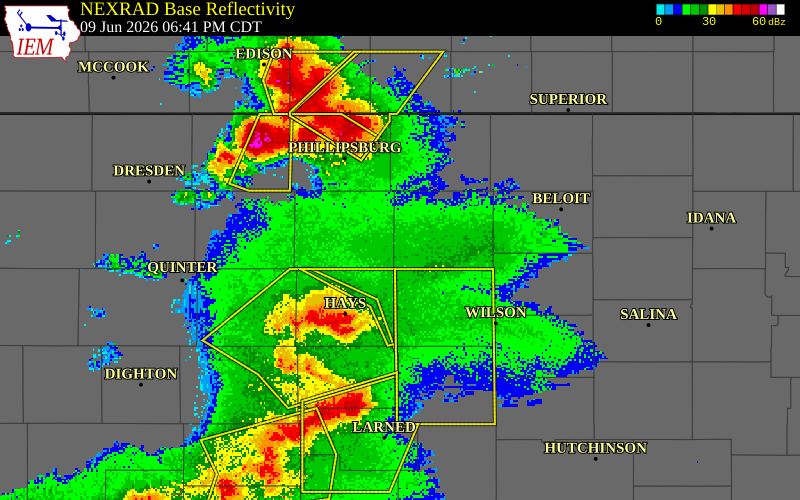 NEXRAD radar during the Tuesday, June 9, 2026 storm activity in Rooks County, Kansas