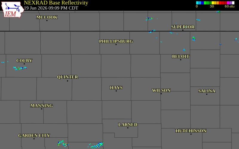 NEXRAD radar during the Friday, June 19, 2026 storm activity in Rooks County, Kansas