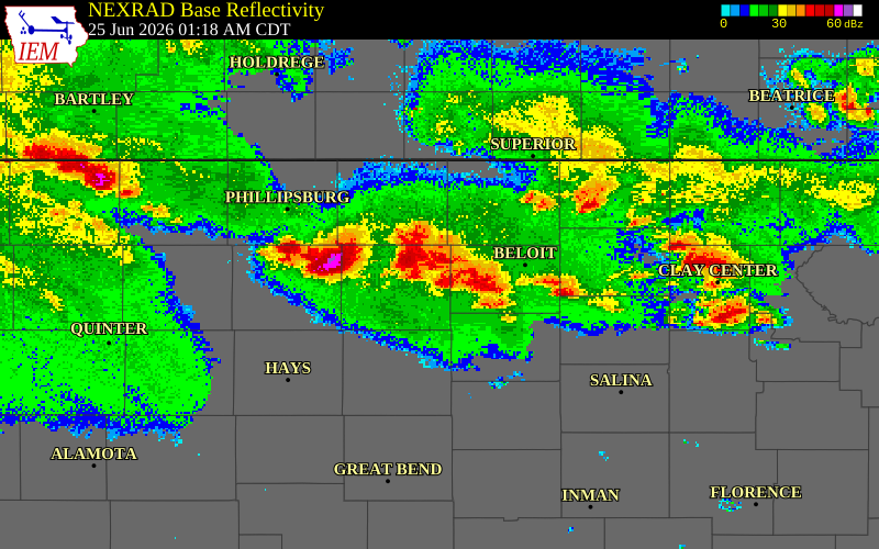 NEXRAD radar during the Thursday, June 25, 2026 storm activity in Rooks County, Kansas