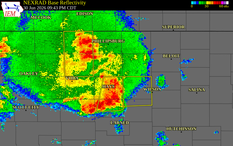 NEXRAD radar during the Tuesday, June 30, 2026 storm activity in Rooks County, Kansas