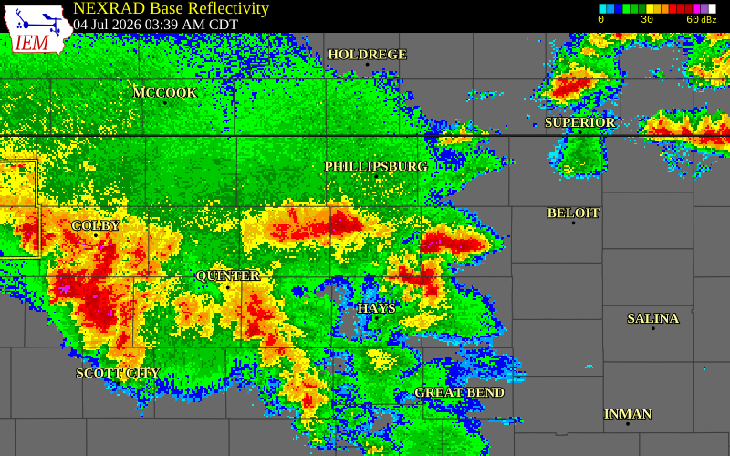 NEXRAD radar during the Saturday, July 4, 2026 storm activity in Rooks County, Kansas