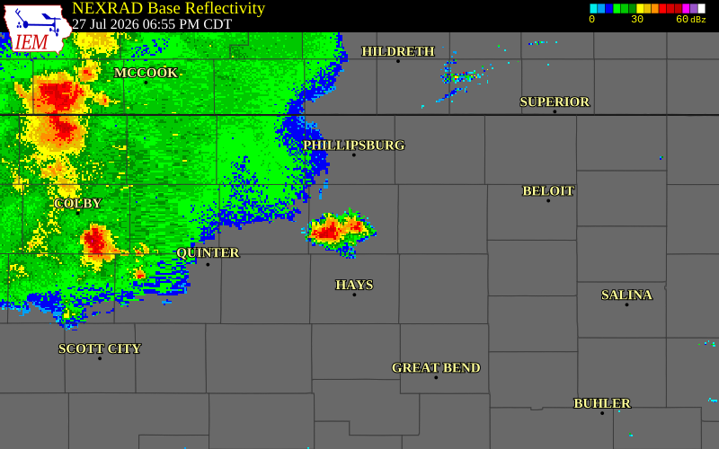 NEXRAD radar during the Monday, July 27, 2026 storm activity in Rooks County, Kansas