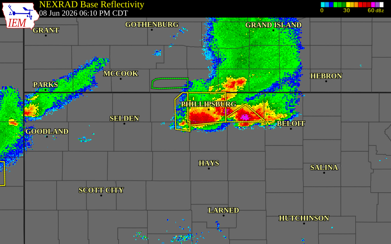 Radar snapshot during the Jun 8, 2026 hail event near 7 SSE Logan, Rooks County, Kansas, with NWS warning polygons