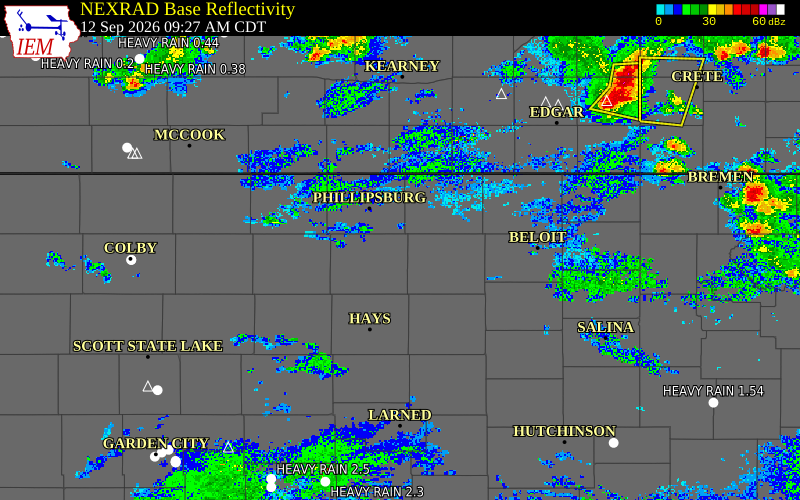 Current NEXRAD radar over Rooks County, Kansas with recent storm report locations