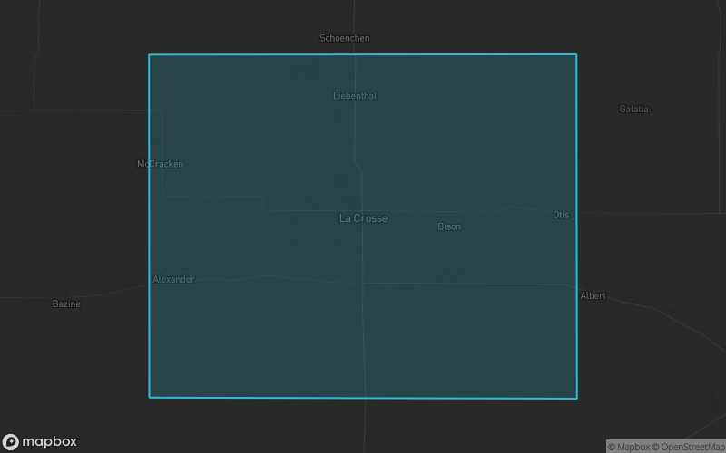 Map of Rush County, Kansas showing the county boundary and surrounding cities