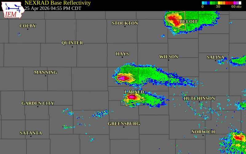 NEXRAD radar during the Saturday, April 25, 2026 storm activity in Rush County, Kansas
